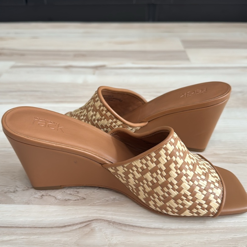 Nordstrom Fatima Wedge Sandal Raffia Slide Mule Heels Tan 8.5 NWT - Picture 5 of 7